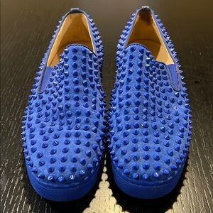 Blue Suede Christian Louboutin Rollerboat Spiked Flat Boat Shoes 43.5 (10.5)